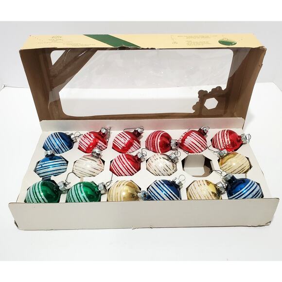 Vtg Pyramid Jumbo Glass Ornaments w/ White Glitter Stripes Boxed 17 ct Red Blue - Picture 1 of 10